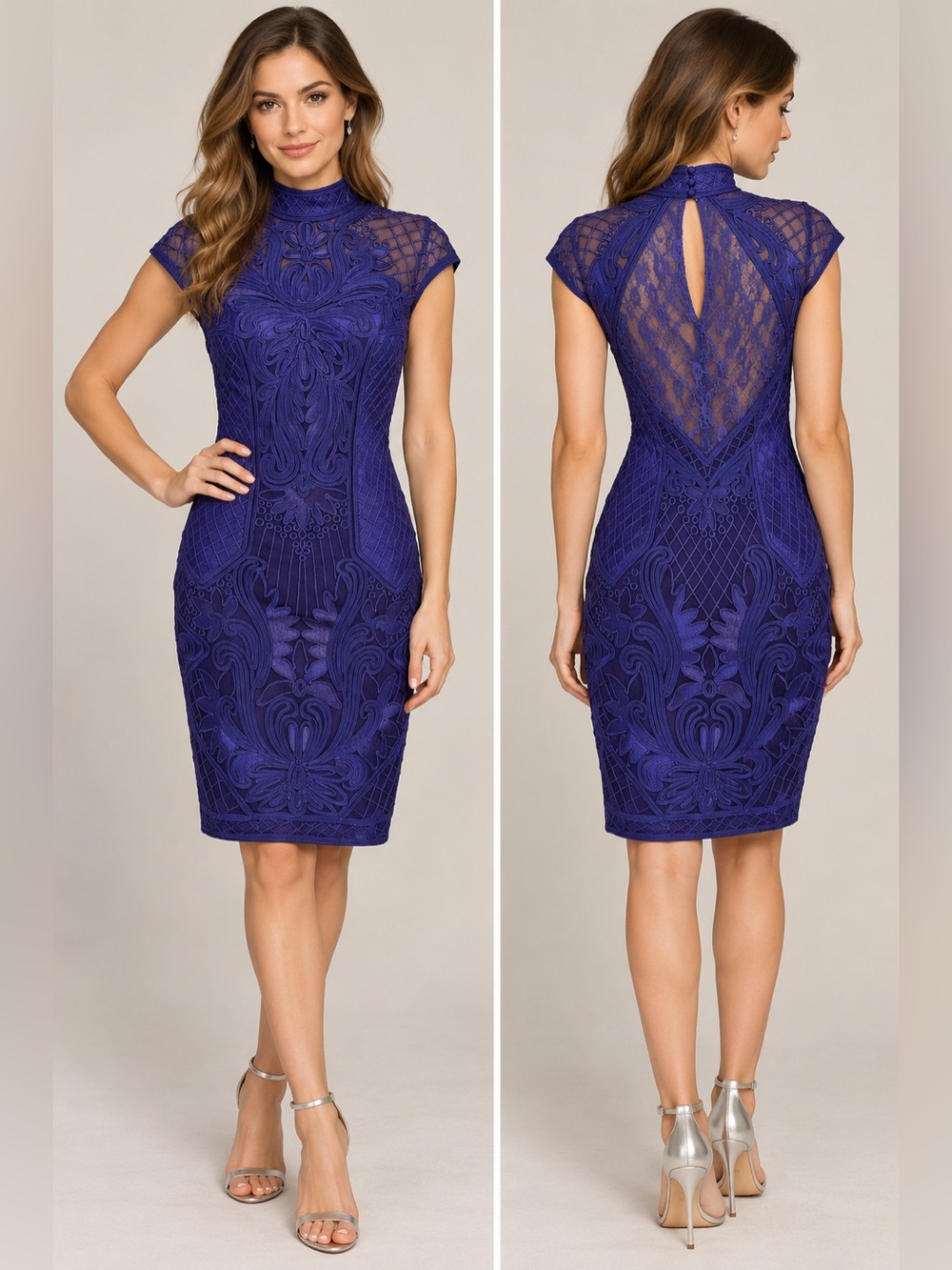 Sue Wong Size 0 Blue Embroidered Lace High Neck Cocktail Dress